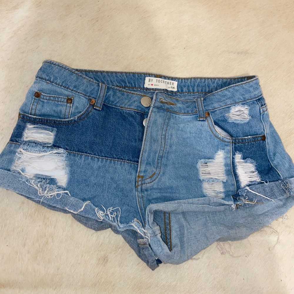 By Together colorblock Jean shorts size L, fits like 28 or 29